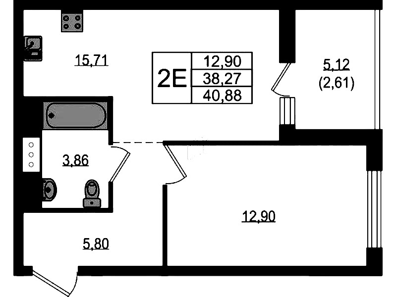 1-комнатная квартира 40.88 м², 14/23 эт., ЖК «Южная Нева»